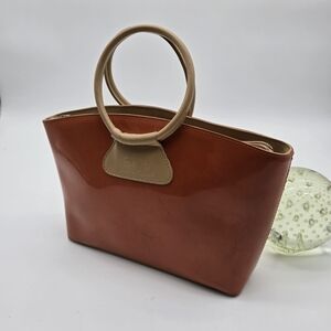 Beijo Purse Orange Hand Bag Round Handle Patent Gloss Small
